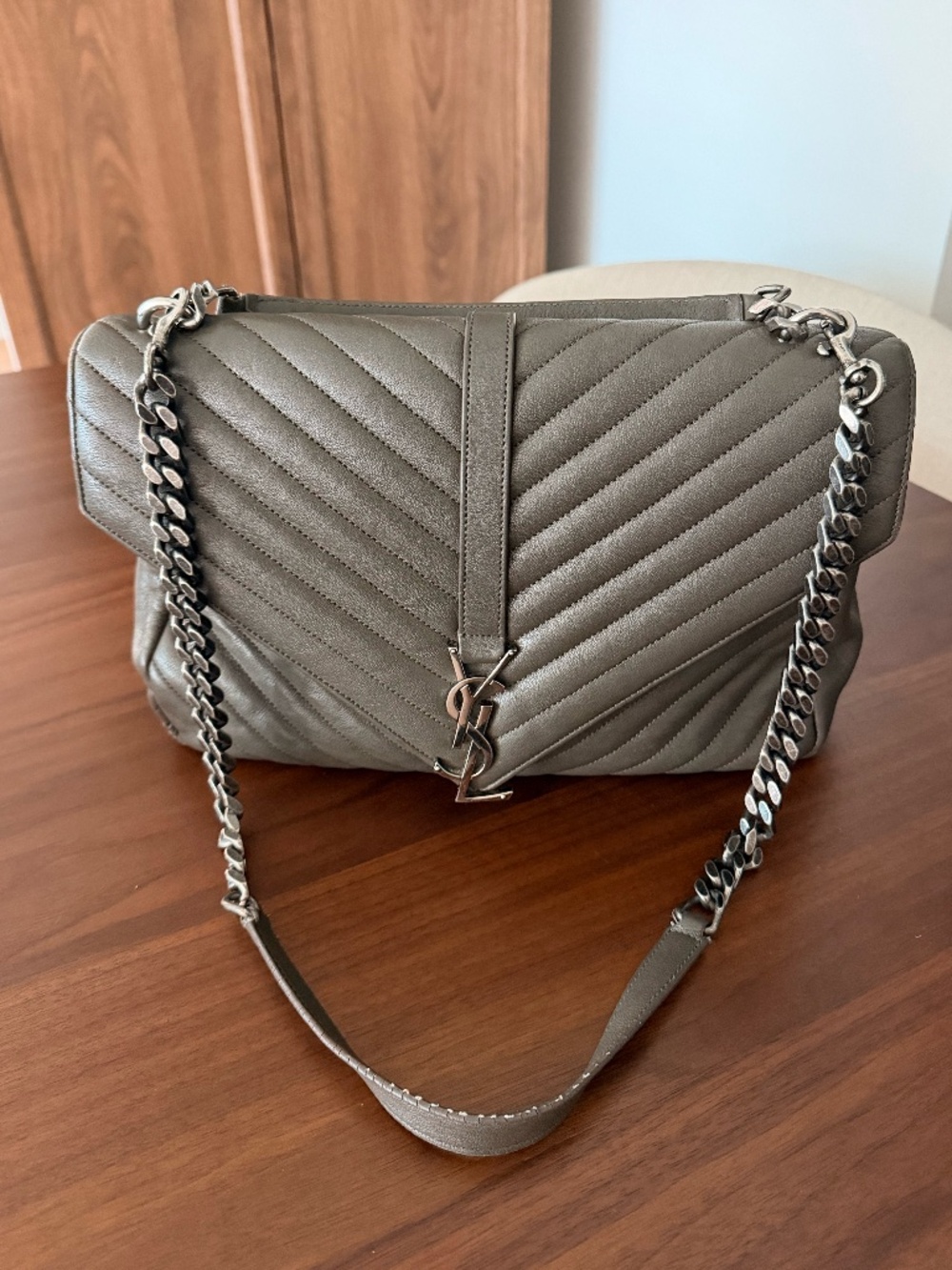 Saint Laurent YSL Medium College Bag Grey Chevron Leather